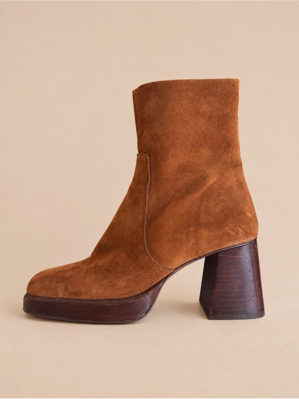 L’INTERVALLE Chestnut Brown Suede Platform Block Heel Ankle Boots 38 / US 7.5-8 - Picture 7 of 17